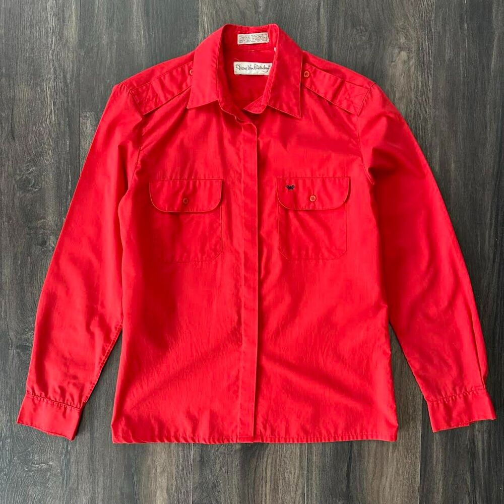 Vtg Diane Von Furstenberg Red Button Up Collared Long Sleeve Shirt Blouse Sz 10